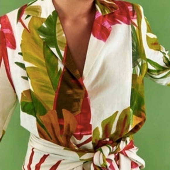 FARM Rio Spring Forest Floral Front Wrap Long Sleeve Shirt Mini Dress NEW Small - Picture 9 of 15